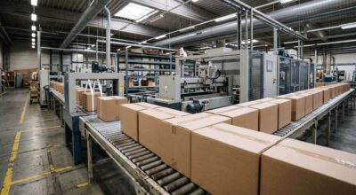 Unbedruckte Kartons am Bandende einer Verpackungslinie in einer Produktionshalle