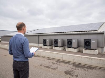 Fachplaner mit Unterlagen auf einer Werksstraße vor einer Produktionshalle mit Photovoltaik auf dem Dach und Wärmepumpen-Außeneinheiten