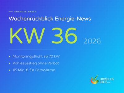 Beitragsbild Wochenrückblick Energie-News KW 36/2026 mit den Themen Monitoringpflicht, Kohleausstieg und Fernwärme-Förderung