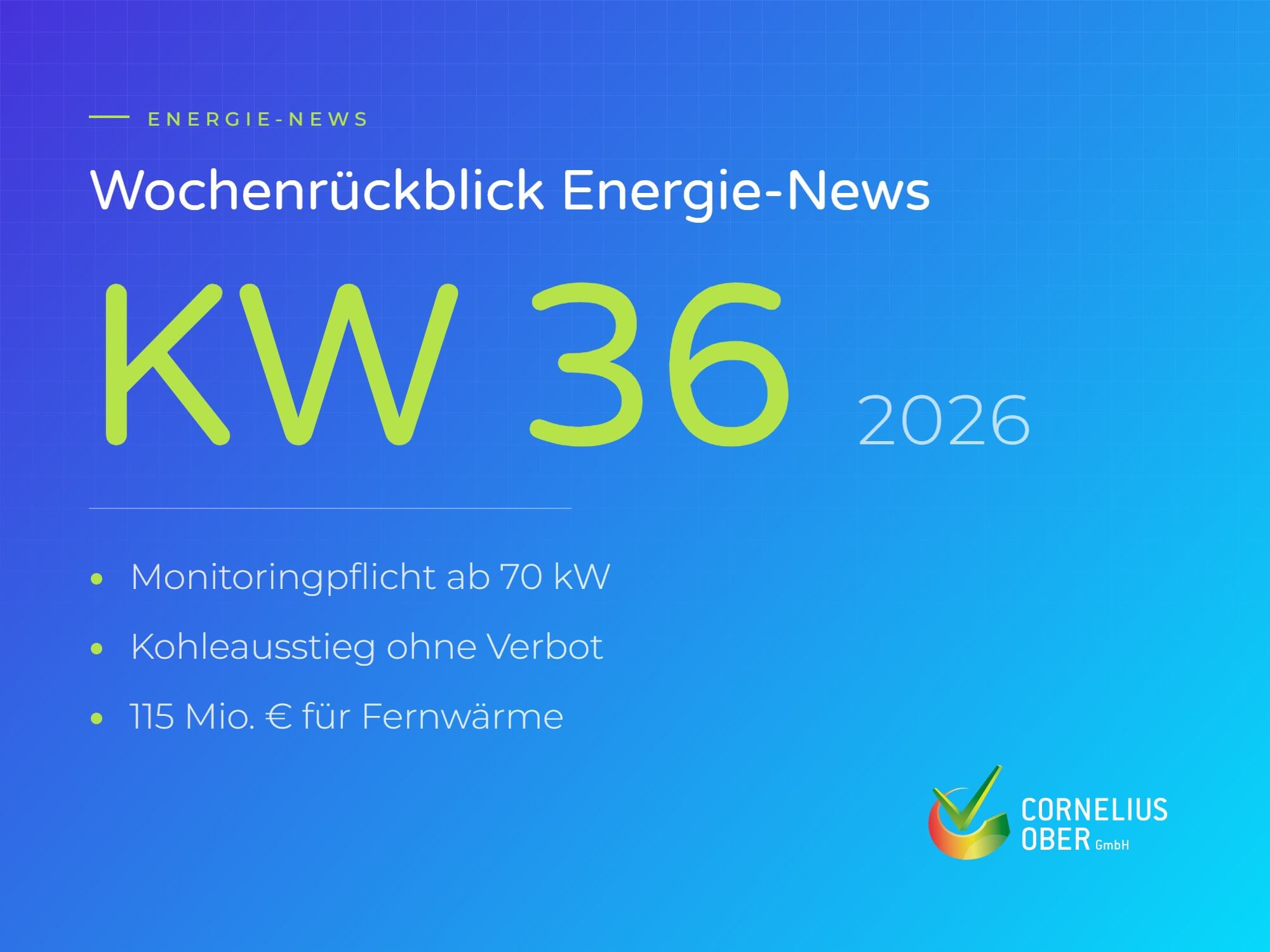 Beitragsbild Wochenrückblick Energie-News KW 36/2026 mit den Themen Monitoringpflicht, Kohleausstieg und Fernwärme-Förderung