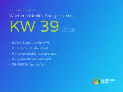Wochenrückblick Energie-News KW 39/2026: serielle Sanierung, Fernwärme, Klimawerbung, Klinikfonds, Sporthallen
