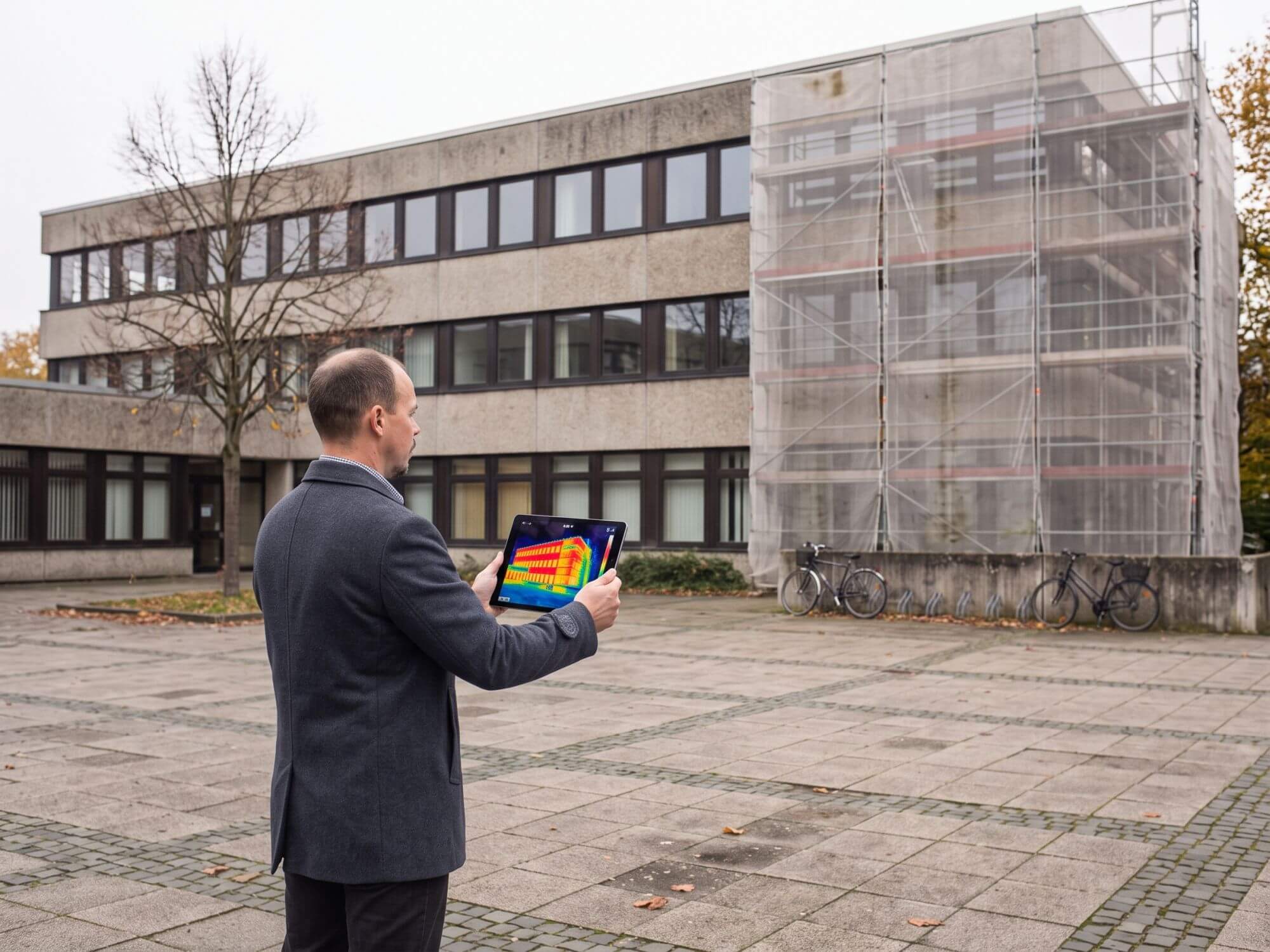 Energieberater vor einem Verwaltungsgebäude mit Gerüst, Sanierung zum Effizienzgebäude nach BEG