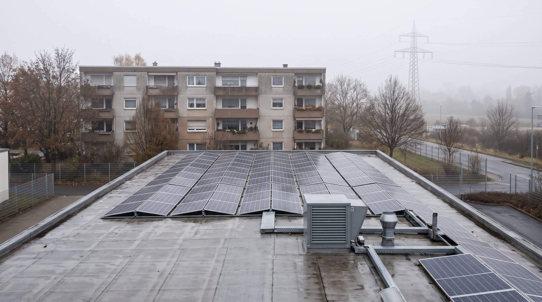 Flachdach einer Produktionshalle mit Photovoltaik, dahinter ein Wohnhaus und eine Freileitung an einem nebligen Novembermorgen
