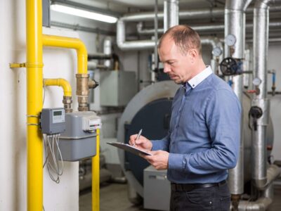 Fachplaner erfasst Gasverbrauch mit Datenlogger in der Heizzentrale eines Produktionsbetriebs