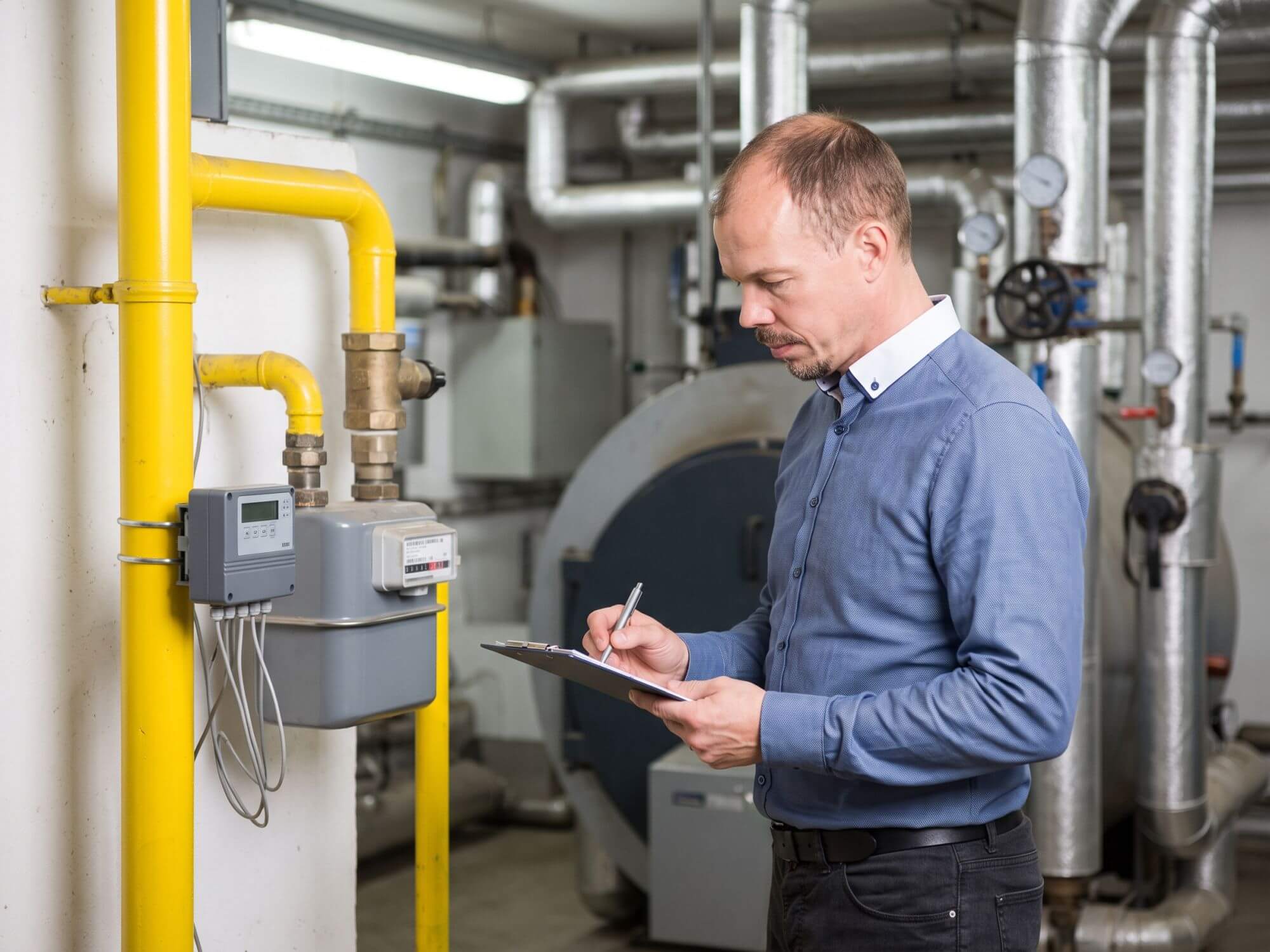 Fachplaner erfasst Gasverbrauch mit Datenlogger in der Heizzentrale eines Produktionsbetriebs