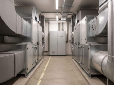 Lüftungszentrale eines Klinikums mit zwei Lüftungsgeräten und Schaltschrank der Gebäudeautomation