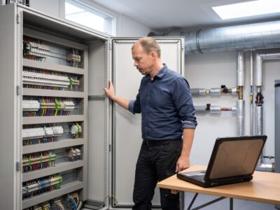 Fachplaner prüft geöffneten Schaltschrank der Gebäudeautomation im Technikraum einer sanierten Schule