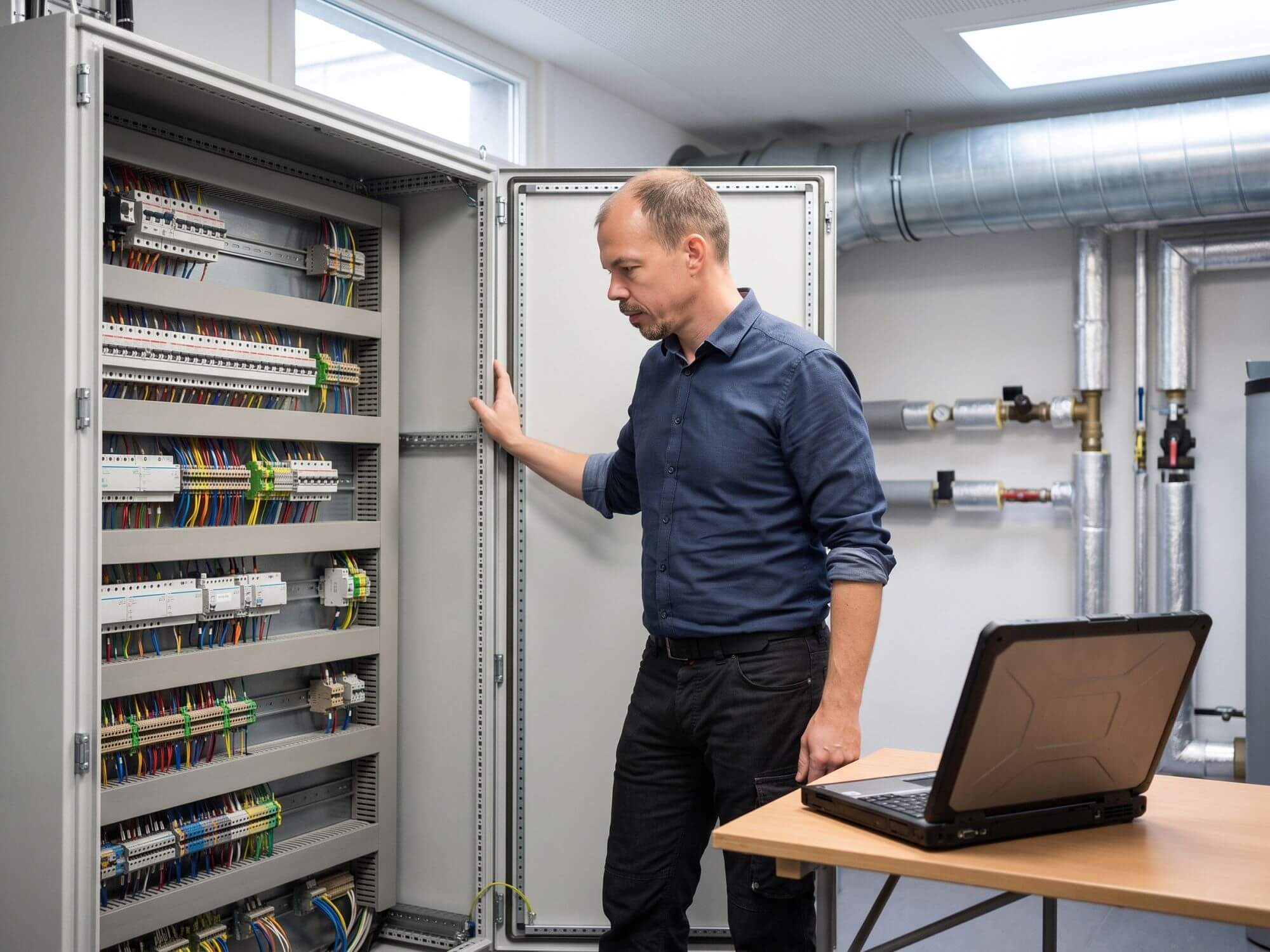 Fachplaner prüft geöffneten Schaltschrank der Gebäudeautomation im Technikraum einer sanierten Schule