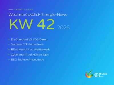 Wochenrückblick Energie-News KW 42 2026: EU-Standard VS, JTF-Fernwärme Sachsen, EEW-Förderwege, Cyberangriff auf Kühlanlagen und BEG für Nichtwohngebäude