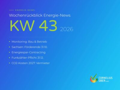 Wochenrückblick Energie-News KW 43 2026: Monitoring und BAFA-Förderung, Förderende Sachsen, Energiespar-Contracting, Funkzähler-Pflicht und CO2-Kosten 2027