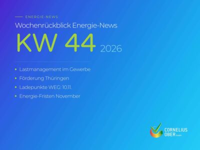 Wochenrückblick Energie-News KW 44 2026: Lastmanagement im Gewerbe, Landesförderung Thüringen, Ladepunkte-Förderung für WEG und Energie-Fristen November