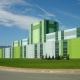 Illustration einer grünen Industriehalle mit hoher Energieeffiizienz