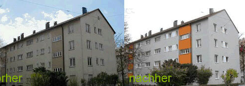Bild von einem Mehrfamilienhaus mit energetische Sanierung vorher und nachher