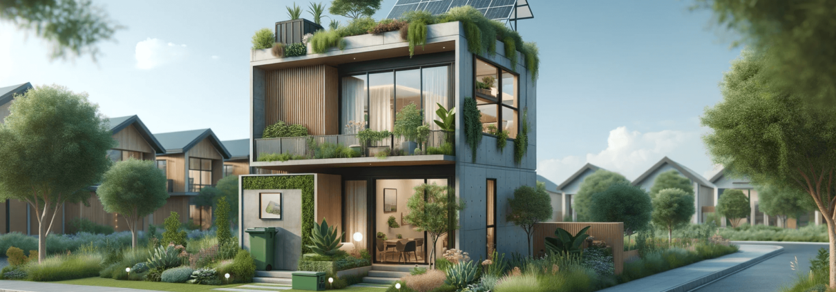 Kleines Wohnhaus mit nachhaltigen Merkmalen gemäß DGNB-Zertifizierung, umfasst Solarpaneele und ein ökologisches Dach - Cornelius Ober GmbH