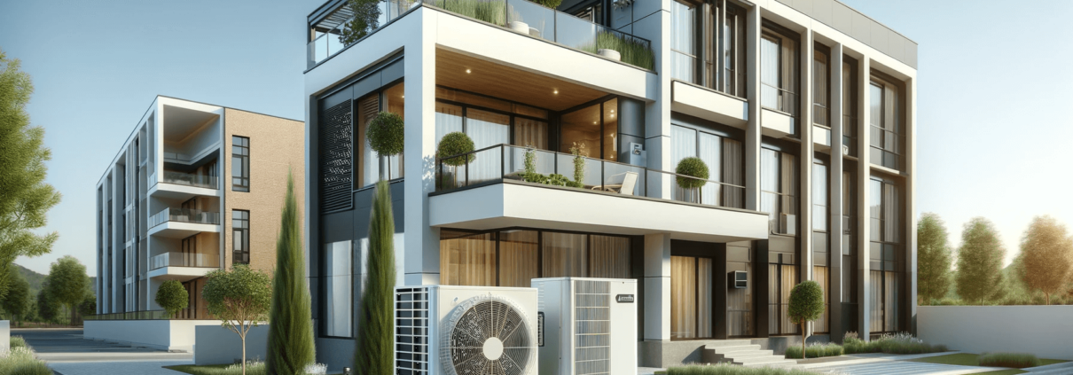 Luftwärmepumpe installiert an modernem Mehrfamilienhaus - Unterstützt durch staatliche Förderprogramme - Cornelius Ober GmbH Energieberatung
