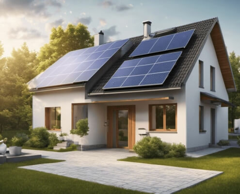 Modernes Haus mit Solarpanelen und Wärmepumpe, entspricht den 2024er Anforderungen des Gebäudeenergiegesetzes