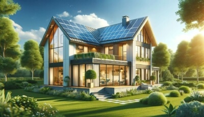 Modernes, energieeffizientes Einfamilienhaus mit Solarpanelen, repräsentativ für BEG-Förderungen und KfW-Initiativen in 2024
