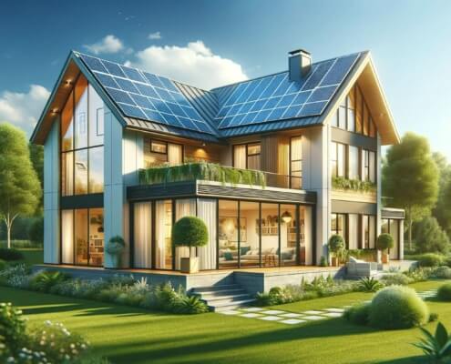 Modernes, energieeffizientes Einfamilienhaus mit Solarpanelen, repräsentativ für BEG-Förderungen und KfW-Initiativen in 2024