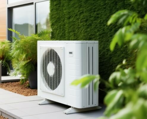 Außen aufgestellte Luft-Wärmepumpe in einem nachhaltigen Wohnquartier, gefördert durch Bundesmittel bis 2023