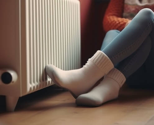 Person wärmt Füße an einem energieeffizienten Heizkörper, gefördert durch KfW-Zuschüsse