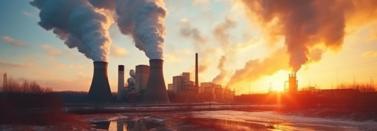 Kraftwerk mit dampfenden Kühltürmen bei Sonnenuntergang reflektiert im Wasser, symbolisiert Notwendigkeit von CO2-Reduktionsmaßnahmen